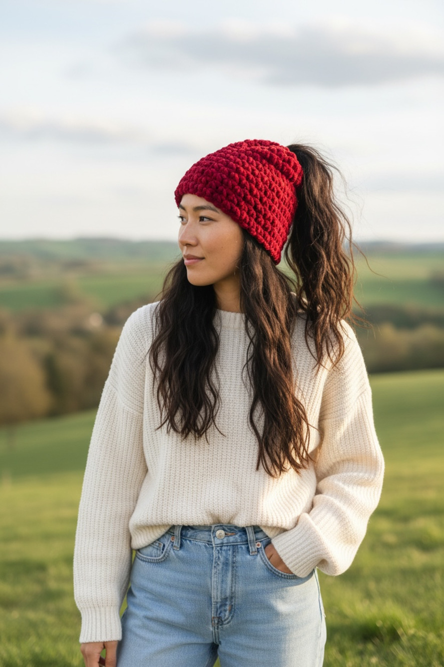 Handmade Ponytail Cutout Crochet Velvet Balaclava Plush Knit Red Cowgirl Benie